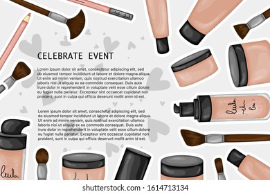Set of tonal and corrective means for facial skin, template for text. Cartoon style. Vector illustration