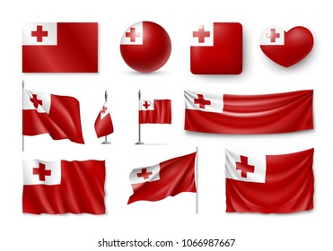 Set Tonga realistic flags, banners, banners, symbols, icon. Vector illustration of collection of national symbols on various objects and state signs