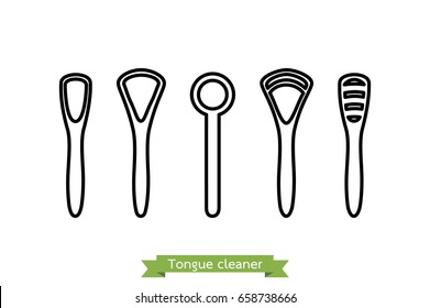 set of tongue scraper or cleaner type - dental cartoon vector outline style, cute character for design