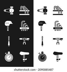 Set Tool allen keys, Bicycle helmet, chain with gear, parking, Screwdriver, handlebar, seat and Stopwatch icon. Vector