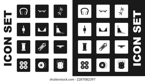 Set Tool allen keys, Skate park, Screwdriver, Headphones, Skateboard, wheel and Longboard or skateboard icon. Vector