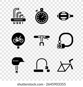Set Tool allen keys, Stopwatch, Bicycle pedal, helmet, lock, frame,  and handlebar icon. Vector