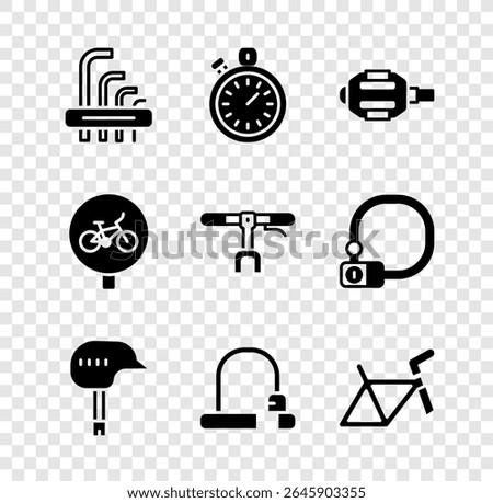 Set Tool allen keys, Stopwatch, Bicycle pedal, helmet, lock, frame,  and handlebar icon. Vector