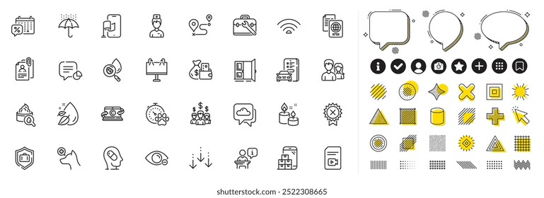 Set of Tool case, Statistic and Car registration line icons for web app. Design elements, Social media icons. Weather forecast, Aroma candle, Discounts calendar icons. Vector