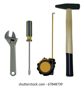 Set tool. The claw hammer, tape measure, screwdriver, adjustable wrench