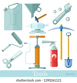 Set of tool and equipments flat icons on white. platen, scissors, anvil, canister, funnel, pickaxe, shovel, pump, wrench and fire extinguisher