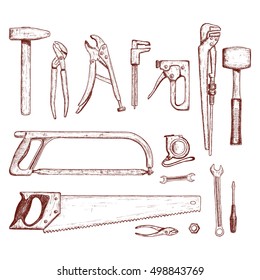 Set of tool icons. Sketch style illustration of repair tools for vintage decoration. Vector.