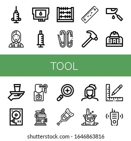 Set of tool icons. Such as Syringe, Electrician, Ink cartridge, Abacus, Safety pin, Ruler, Hammer, Glucosemeter, Engineering, Serve, Hard disk, Key, Barbershop, Search , tool icons