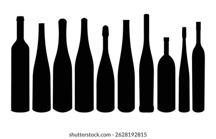 Conjunto de iconos de herramientas y varias botellas de vino y alcohol en estilo de silueta negra