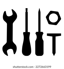 Set of tool icons. Wrench, screwdrivers, nail, nut. Vector illustration.