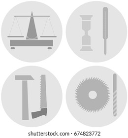 Set of tool labels, scales, ax, hacksaw, thermometer, watch, drill, saw blade. Flat design, vector illustration, vector.