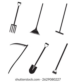 Conjunto de siluetas de herramientas y armas de jardinería en Ilustración vectorial negra