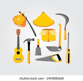 set of tool for worker and unemployment also buskers
