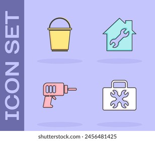 Set Toolbox, Bucket, Electric drill machine and House repair icon. Vector