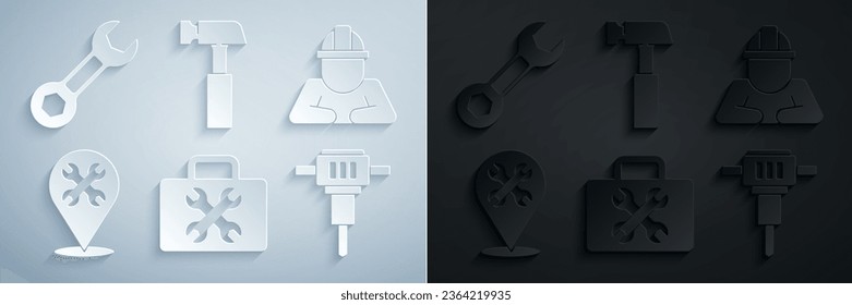 Set Toolbox, Builder, Location with wrench, Construction jackhammer, Hammer and Wrench spanner icon. Vector