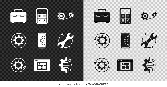 Set Toolbox, Calculator, Timing belt kit, Gear and arrows as workflow, House plan, Algorithm,  and Setting on smartphone icon. Vector