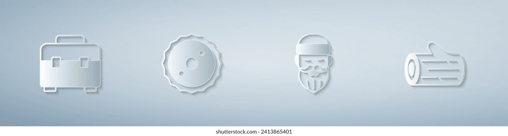 Set Toolbox, Circular saw blade, Lumberjack and Wooden log. Paper art style. Vector