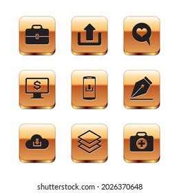 Set Toolbox, Cloud download, Layers, Smartphone with, Monitor dollar and Heart in speech bubble icon. Vector