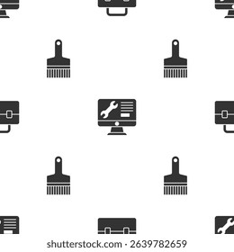 Set Toolbox, Computer monitor service and Paint brush on seamless pattern. Vector