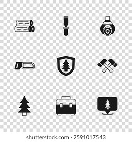 Set Toolbox, Crossed hammer, Location of the forest, Shield with tree, Grapple crane grabbed log, Wooden, Chisel tool and Hacksaw icon. Vector