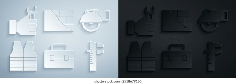 Set Toolbox, Electric circular saw, Safety vest, Calliper or caliper and scale, Bricks and Wrench spanner icon. Vector