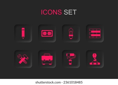 Set Toolbox, Electrical outlet, Pencil with eraser, Paint roller brush, Bricks, Crane hook, Light bulb and Hammer and wrench spanner icon. Vector
