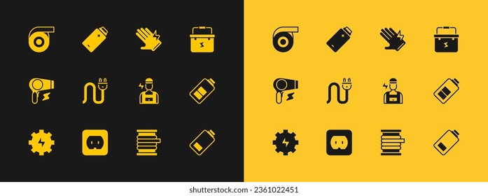 Set Toolbox electrician, Electrical outlet, Electrician, Wire cable on reel, plug, glove, Roll adhesive tape and Battery charge icon. Vector