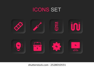 Set Toolbox electricista, destornillador, extensión eléctrica, engranaje y relámpago, cable, Smart Tv, bombilla led e icono de idea de lámpara creativa. Vector