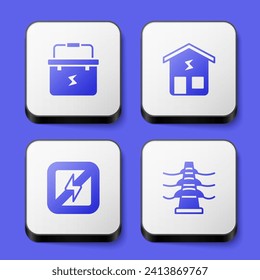 Set Toolbox electrician, Smart home, No lightning and Electric tower line icon. White square button. Vector