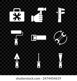 Set Toolbox, Hammer, Calliper or caliper and scale, Trowel, Screwdriver, Putty knife, Paint roller brush and Hand saw icon. Vector