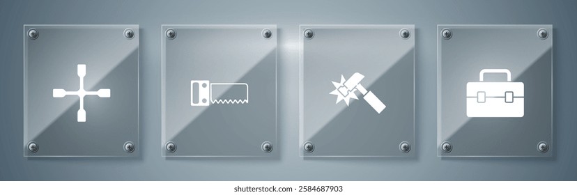 Set Toolbox, Hammer, Hand saw and Wheel wrench. Square glass panels. Vector