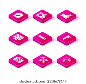 Set Toolbox, Hammer and wrench, Computer monitor service, Construction bubble level, Wrench arrows as workflow, Calliper caliper scale, spanner and Paint bucket brush icon. Vector