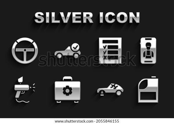 Set Toolbox, Online car\
services, Canister for motor machine oil, Broken, Paint spray gun,\
Car inspection, Steering wheel and Auto check automotive icon.\
Vector