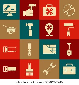 Set Toolbox, Shovel, Paint roller brush, Hammer, Wheelbarrow, Computer monitor service and Location with wrench icon. Vector