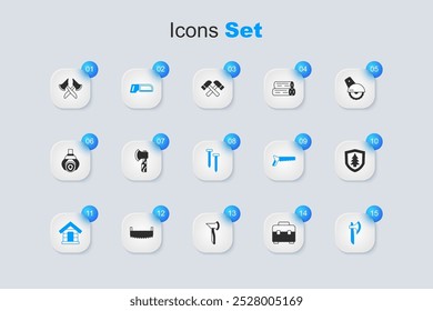 Conjunto de caja de herramientas, hacha de madera, sierra de arco, casa de perro, escudo con árbol y uñas metálicas icono. Vector