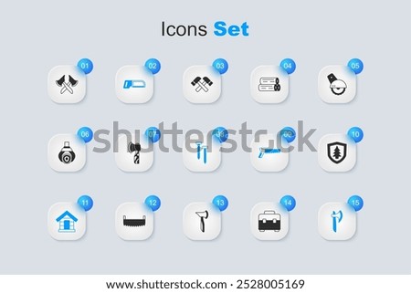 Set Toolbox, Wooden axe, Hacksaw, Dog house, Shield with tree,  and Metallic nails icon. Vector