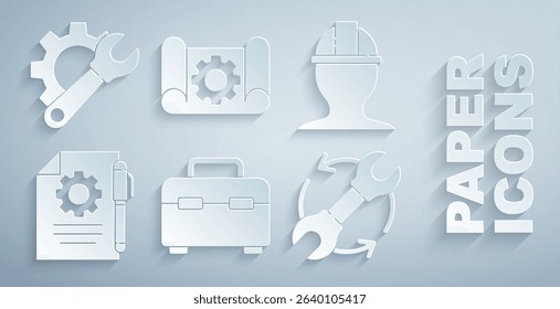 Set Toolbox, Worker safety helmet, Document settings and pen, Wrench arrows as workflow, Graphing paper gear and spanner icon. Vector