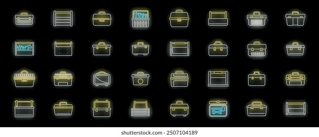 Set of toolboxes glowing neon icons with different tools for repairing and construction works on a black background