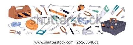 Set of toolkit items. Different work tools- hammer, pliers, saw, spanner. Construction instruments, toolbox kit for building, home maintenance. Flat isolated vector illustrations on white background