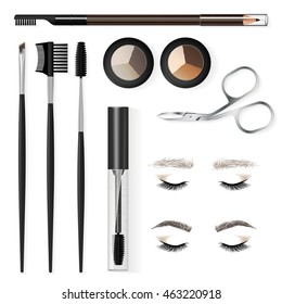 A set of tools and accessories for the care of the eyebrows. Brushes, combs, eyebrow pencil, brow powder, brow gel, tweezers. Example of eyebrows - before and after care. Vector illustration