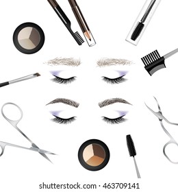 A set of tools and accessories for the care of the eyebrows. Brushes, combs, eyebrow pencil, brow powder, brow gel, tweezers, scissors. Example of eyebrows - before and after care. Vector illustration