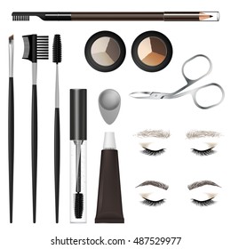 A set of tools and accessories for the care of the eyebrows. Brushes, combs, eyebrow pencil, brow powder, brow gel, tweezers, tint, cosmetic dish . Example of eyebrows - before and after care. Vector