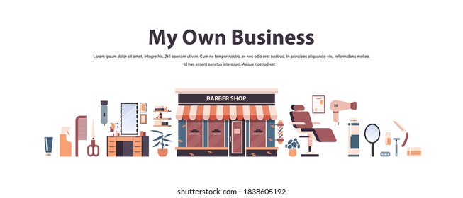 set tools and accessories shaving and hairdresser equipments barbershop concept horizontal copy space isolated vector illustration