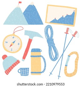 Set of tools for alpinism, mountain hiking. Compass, rope, ice axe, carabiner, map and other. 