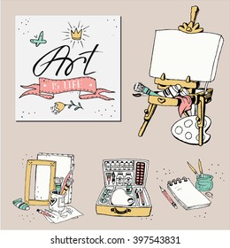 Set of tools for artist drawing. Hand drawn vector illustration.