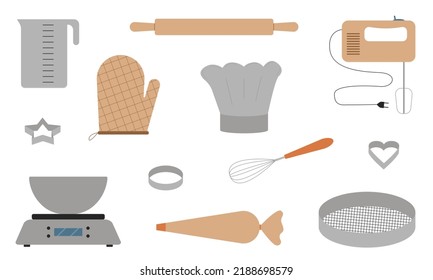 Conjunto de herramientas para cocinar productos culinarios. Herramientas de panadería. Estilo plano. Ilustración del vector