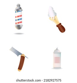 Un conjunto de herramientas para el barbero. cepillo de afeitar con espuma, afeitadora, aerosol, barra de barbero. Ilustración vectorial de las herramientas de barbero. Fondo blanco aislado.
