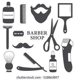 Set of tools for barber shop, hand drawn icons. Black and white elements, shaving accessories collection. Illustration with objects. Decorative backdrop, good for printing. Design background vector