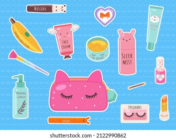 Set of tools for beauty and skin care. Decorative and care cometics for face. Cute bag and various skin products. Creams, masks, patches and makeup products. Tubes, jars and containers with cosmetics