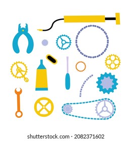 Set of tools for bicycle fixing. Bike repair stuff. Cycle parts. Pump, wrench, bike chain, link tool, chain rings, pedal. Flat vector illustration